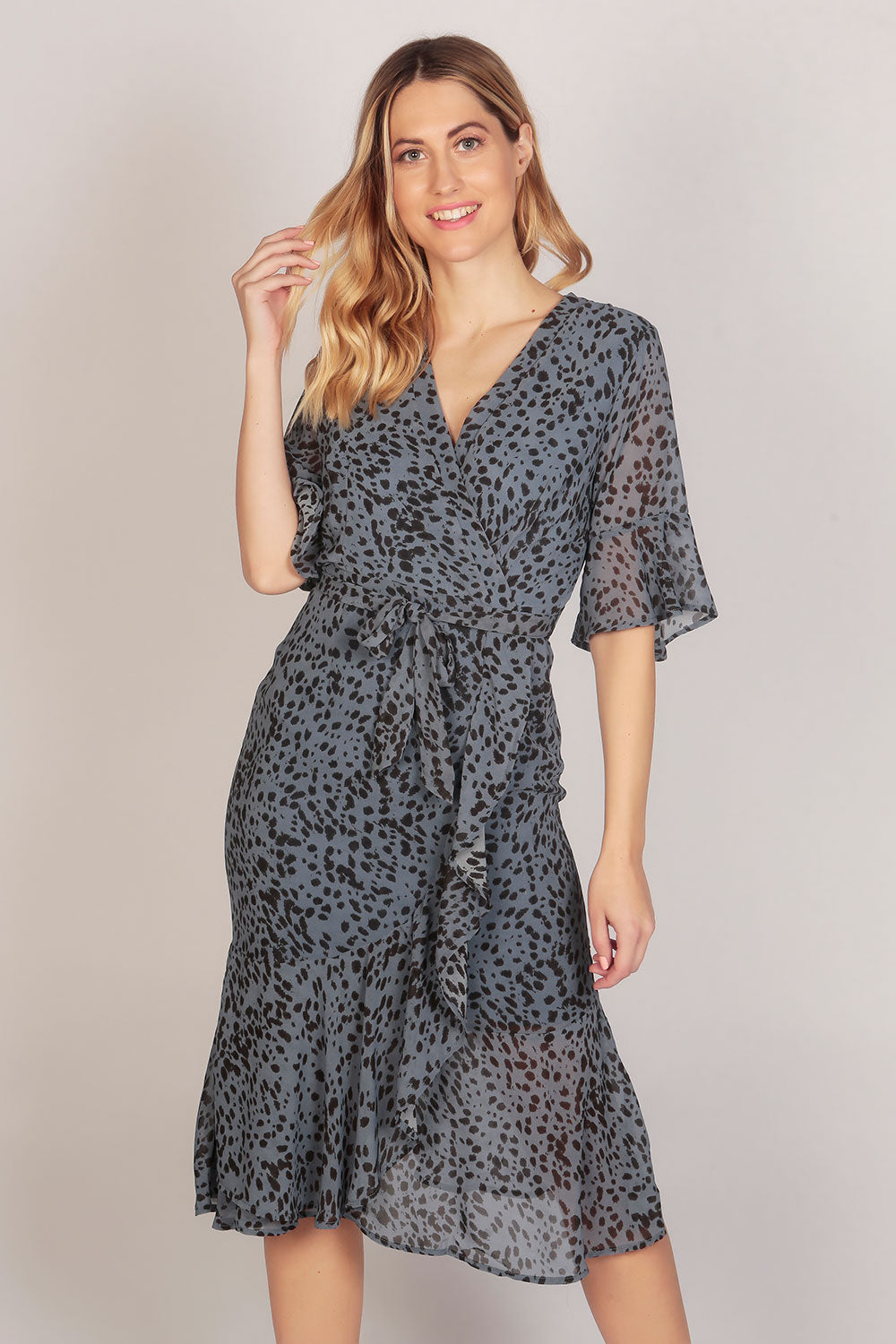 Half Sleeve Leopard Print Ruffle Wrap Dress in Blue – Tenki London